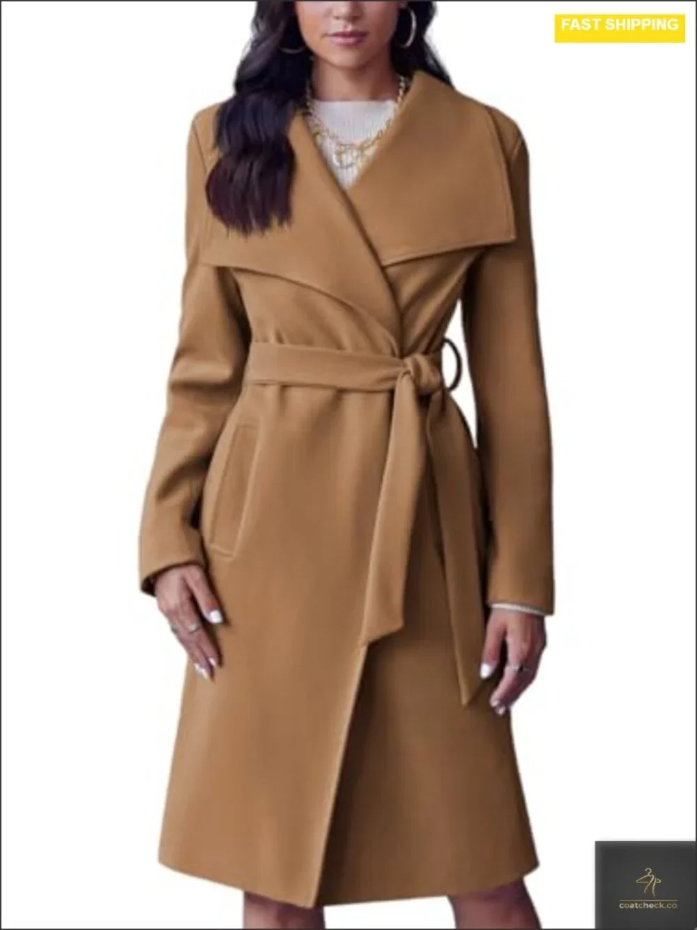 Long Sleeve Wool Pea Coat Open Front Belted Long Trench_2